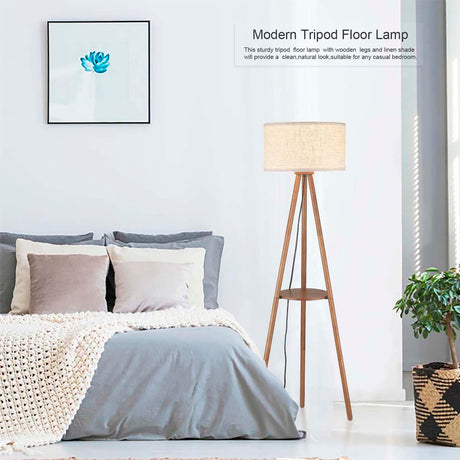 Baobab Tree Park Wood Tripod Floor Lamp with Shelves,Linen Shade Boho Wooden Floor lamp for Living Room, with Three Color temparature Bulb Included,footswitch,ETL Listed/Brown Wood Color Baobab Tree Park