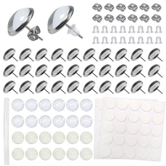 TOAOB 300pcs Sublimation Blanks Stud 10mm Stainless Steel Blank Set with Blanks Bezel Trays Sublimation Blanks Glass Cabochons Setting Earring Backs and Stickers for DIY Jewelry Findings