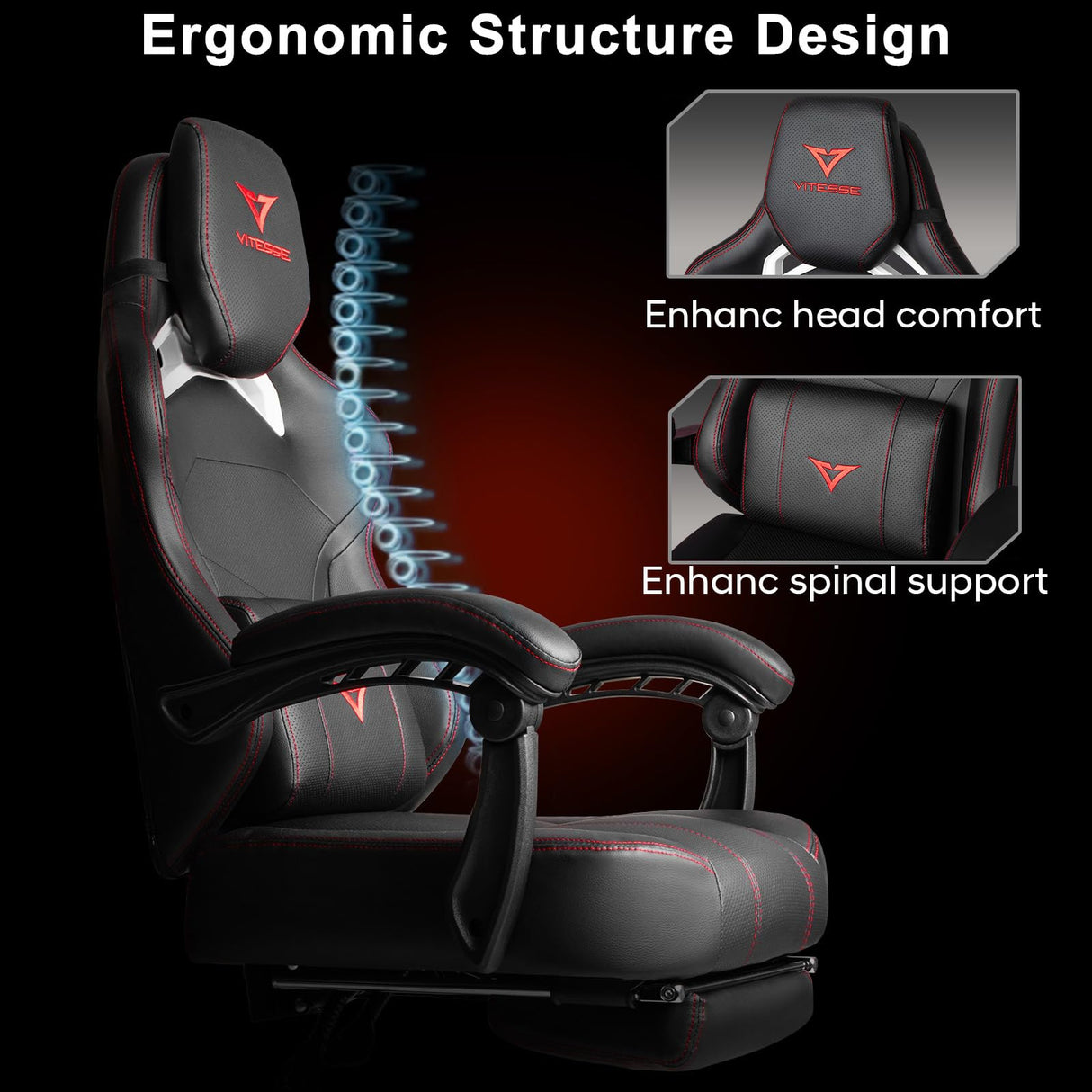 VITESSE Big and Tall Gaming Chair 400lb Weight Capacity with Footrest, Ergonomic Video Game Chair for Adults with Oversized Headrest and Lumbar Pillow, Computer Chair Gaming for Office (Black+Red) VITESSE