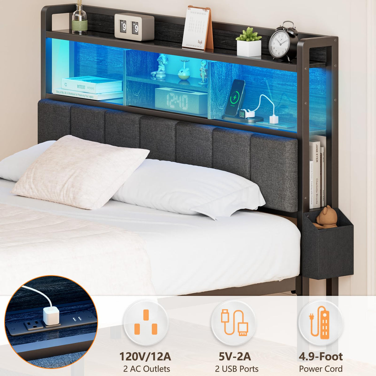 Furnulem Full Size Bed Frame with Headboard, Bed Frame Full Size with Storage Drawers, Charging Station and LED Lights, Metal Platform No Box Spring Needed, Upholstered Headboard, Noise Free, Black Furnulem