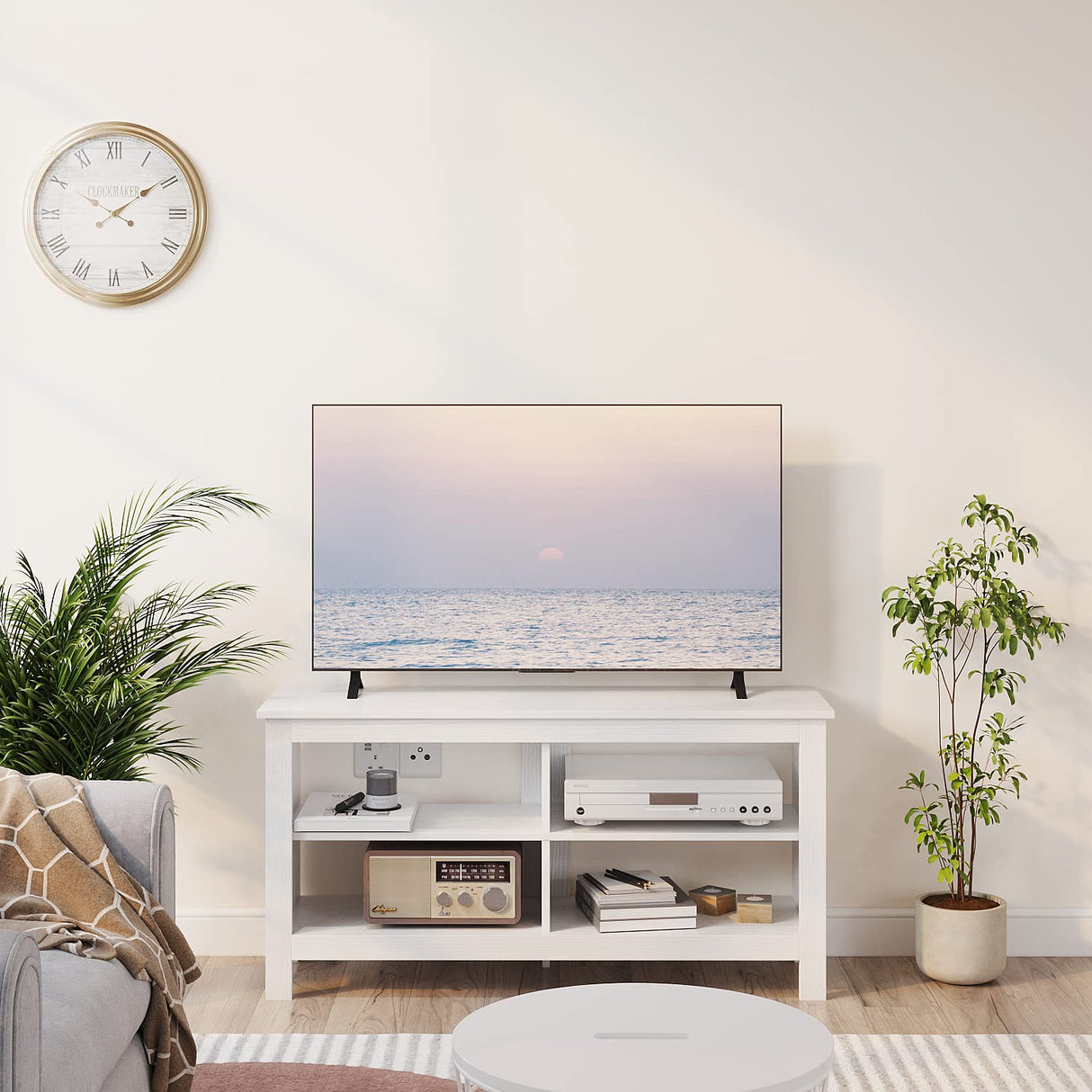 Gyger 43 Inches TV Stand,Mid Century Modern Entertainment Center with 4 Open Shelves Farmhouse TV Media Console Table for Living Room,Bedroom,Television Stand up to 50 Inches(White) Gyger