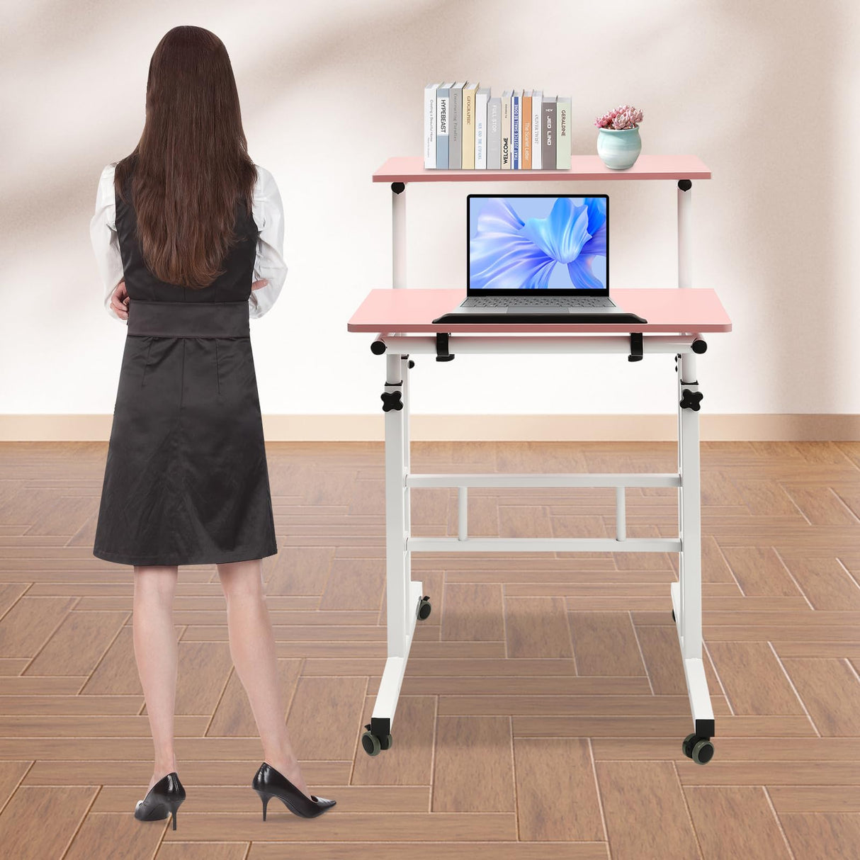 YUYANSHOP 24" Mobile Stand Desk, Small Lift Table Adjustable Standing Desk with Wheels Storage Home Office Workstation, Portable Rolling Desk Laptop Cart for Standing&Sitting (24", Pink) YUYANSHOP