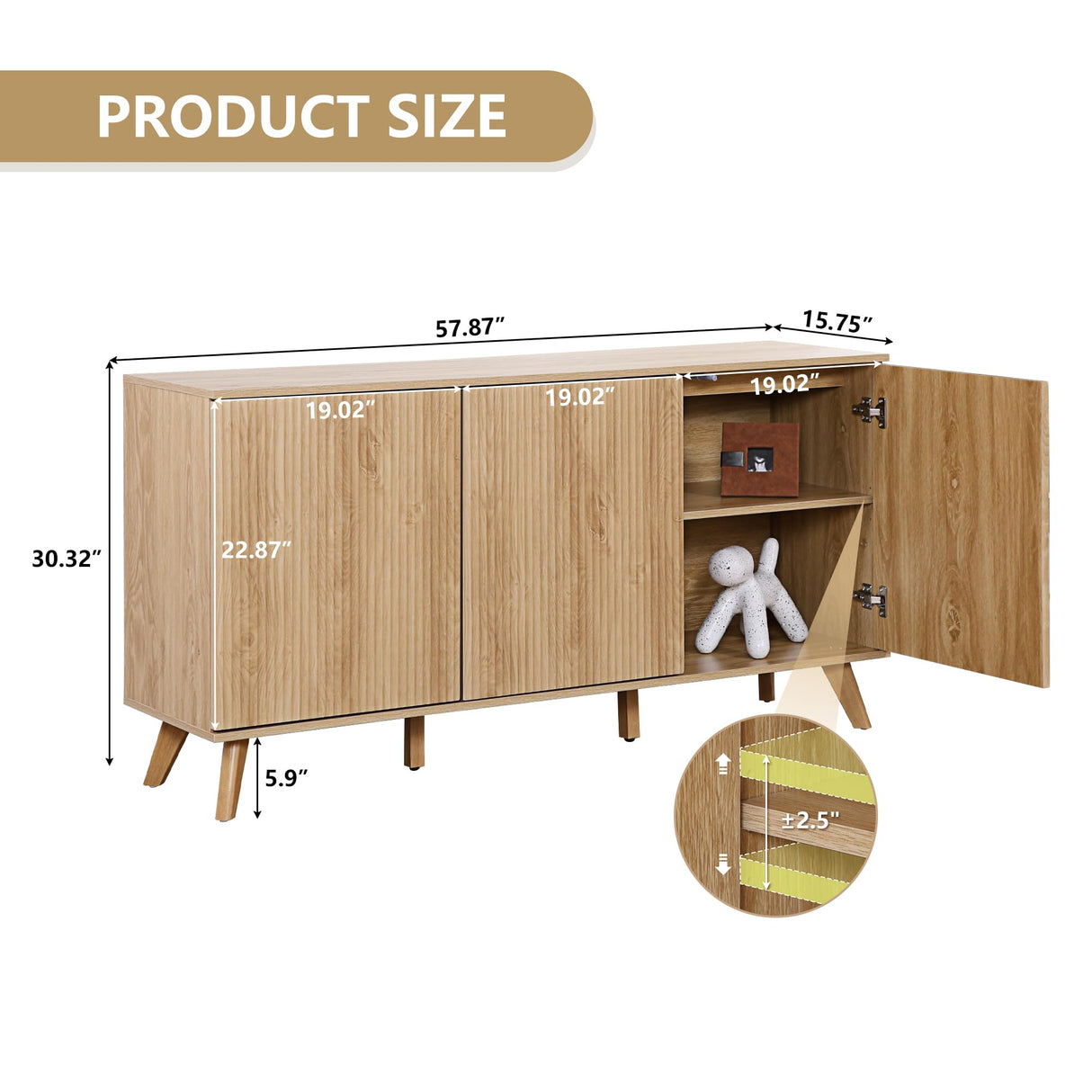 Fluted Sideboard Buffet Cabinet with Storage, Modern Storage Cabinet with 3 Doors, Wood Credenza Buffet Sideboards, Bar Cabinets Console Table for Kitchen Dining Living Room Entryway (Natural) XUZENEST