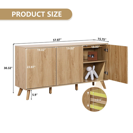 Fluted Sideboard Buffet Cabinet with Storage, Modern Storage Cabinet with 3 Doors, Wood Credenza Buffet Sideboards, Bar Cabinets Console Table for Kitchen Dining Living Room Entryway (Natural) XUZENEST