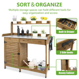PetsCosset Garden Potting Benche Table Outdoor Wooden Work Station W/Metal Table top,Cabinet,Drawer,Large Bottom Shelf,Open Shelf Natural Wood-Brown-Brown PetsCosset