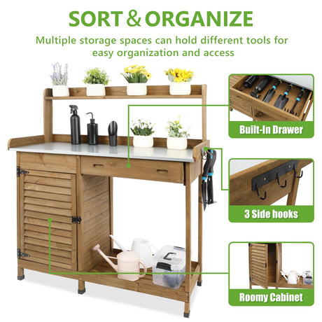 PetsCosset Garden Potting Benche Table Outdoor Wooden Work Station W/Metal Table top,Cabinet,Drawer,Large Bottom Shelf,Open Shelf Natural Wood-Brown-Brown PetsCosset