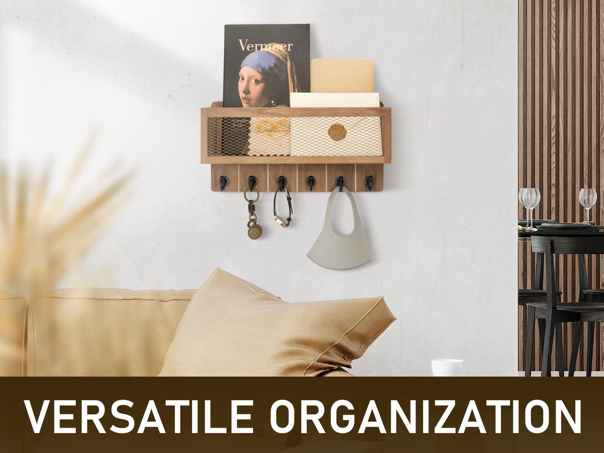 Rebee Vision Farmhouse Key Holder for Wall with Mail Storage Basket : Decorative Wall Mount Organizer with 6 Sturdy Wall Hooks and Wooden Key Rack - Rustic Home Decor (Retro Brown) Rebee Vision