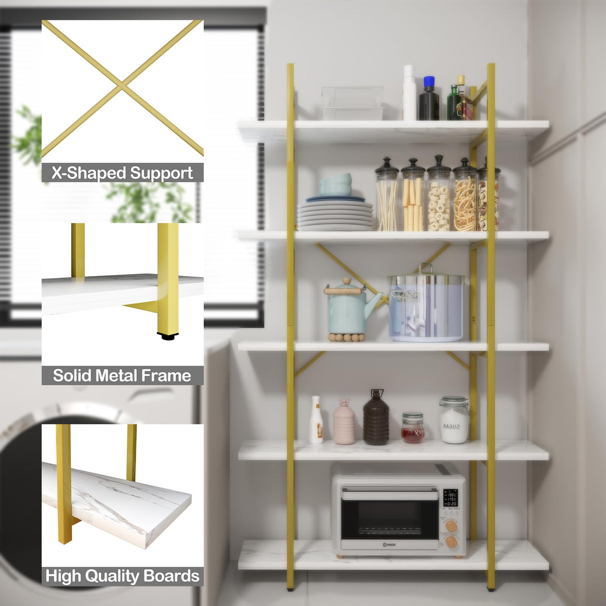 Azheruol Modern 5-Tier White Faux Marble Bookshelf with Metal Frame for Stylish Home Organization Azheruol