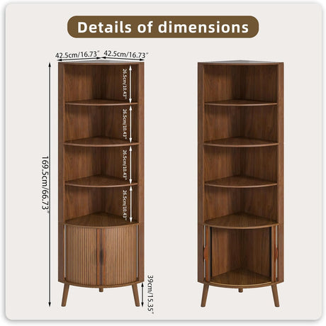 Limaoaio 5-Tier Corner Shelf, 66.73''Tall Modern Corner Bookshelf, 5 Shelf Bookcase with 2 Fluted Doors, Freestanding Wood Corner Display Storage Shelf Organizer for Living Room, Office (Walnut) Limaoaio