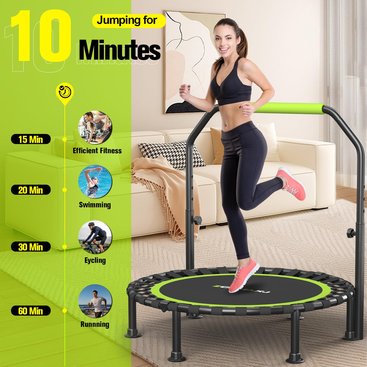 ZCMHAXJ Foldable Mini Trampoline, 40"/48" Rebounder Trampoline for Adults & Kids, 450lbs Capacity with U-Shaped Adjustable Bar, Indoor Fitness Workout Exercise Equipment ZCMHAXJ
