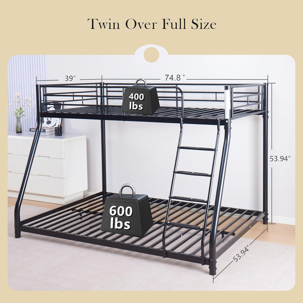 KAIFAM Metal Bunk Bed, Full Size Bed Frame for Adults, Twin Over Full Bunk Bed with Safety Guardrail and Ladder, Trundle Bed Twin, No Box Spring Needed, Noise Free for Apartment, Bedroom (Black) KAIFAM