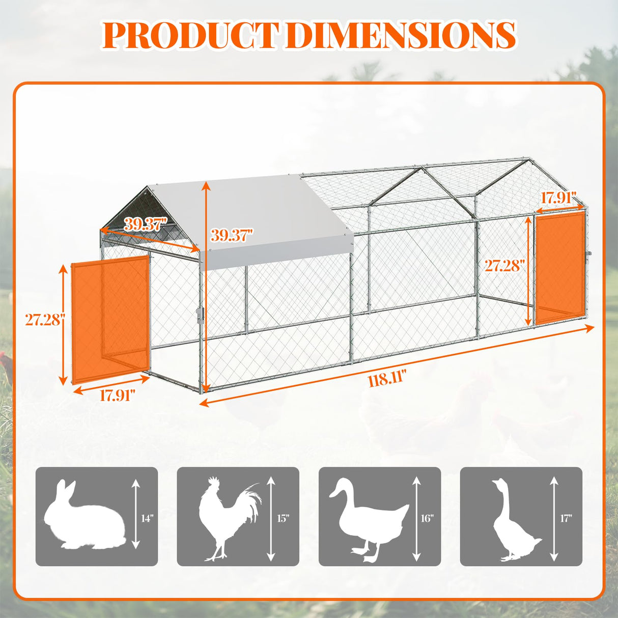 Large Metal Chicken Coop, 120" x 40" x 40" Chicken Run with Cover, Outdoor Walk in Poultry Cage, Metal Chicken Coop for Yard Farm Duck Rabbit Hen, Silver Hipicute