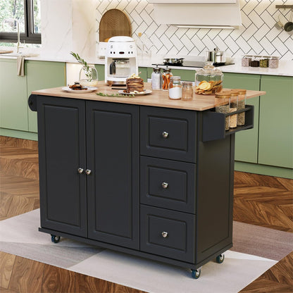 MFSTUDIO Rolling Kitchen Island on Wheels with Drop-Leaf, Mobile Kitchen Island Cart with 3 Drawers Storage Cabinet, Wood Countertop, Adjustable Shelf, Towel Bar and Spice Rack for Dining Roo - WoodArtSupply