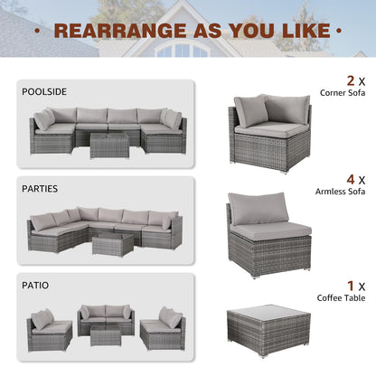 IJIALIFE 7 Pieces Patio Furniture Set, Modular Patio Set Wicker Outdoor Sectional Sofa Set PE Rattan Wicker Patio Conversation Set with Thickened Cushions and Coffee Table,Gray Wicker/Gray Cu - WoodArtSupply