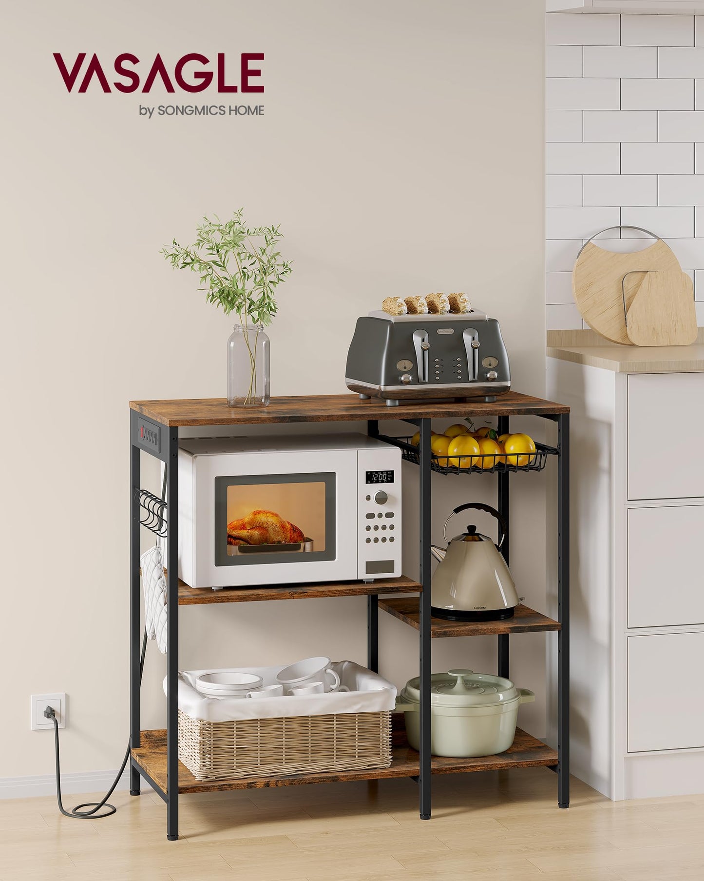 VASAGLE Baker's Rack, Coffee Bar Stand with Charging Station, Storage Shelves, Pull-Out Wire Basket, Table for Microwave, Kitchen, Rustic Brown UKKS036K01, 15.7 x 35.4 x 35.6 Inches