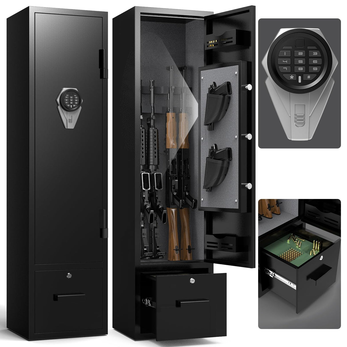 ANXINWEI Gun Safe, 5-8 Gun Cabinet with Lock Drawer, Rifle Safe with Dual Alarm and Mute Mode, Gun Safe for Rifles and Pistols with LED Light, Gun Cabinets for Rifles and Shotguns，Rifle Safes for Home ANXINWEI