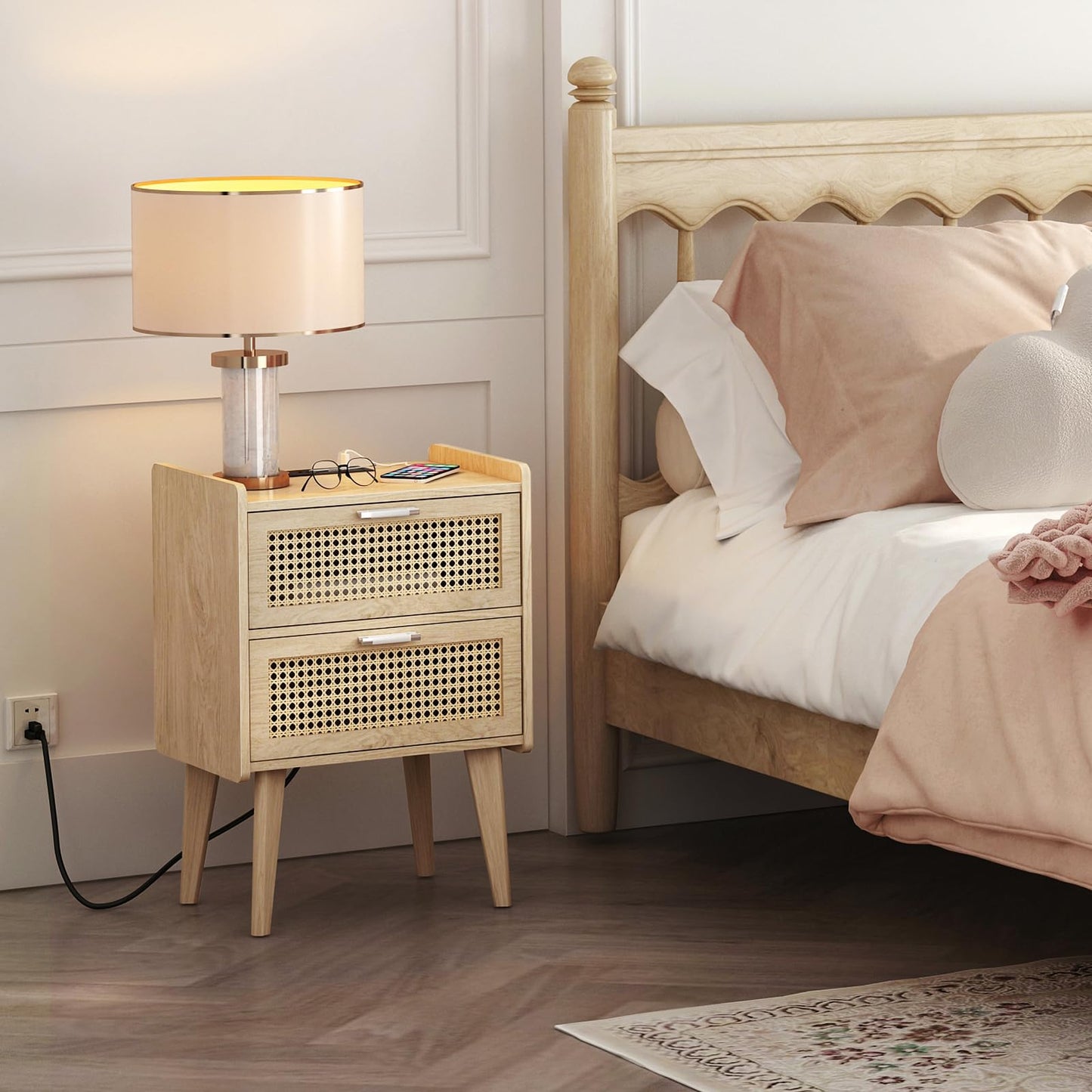 HHETOGOL Rattan Nightstand with Charging Station & 2 Rattan-Like Decor Drawers,Small End Table with Solid Wood Feet for Small Bedroom, Living Room, TTBZ02YE
