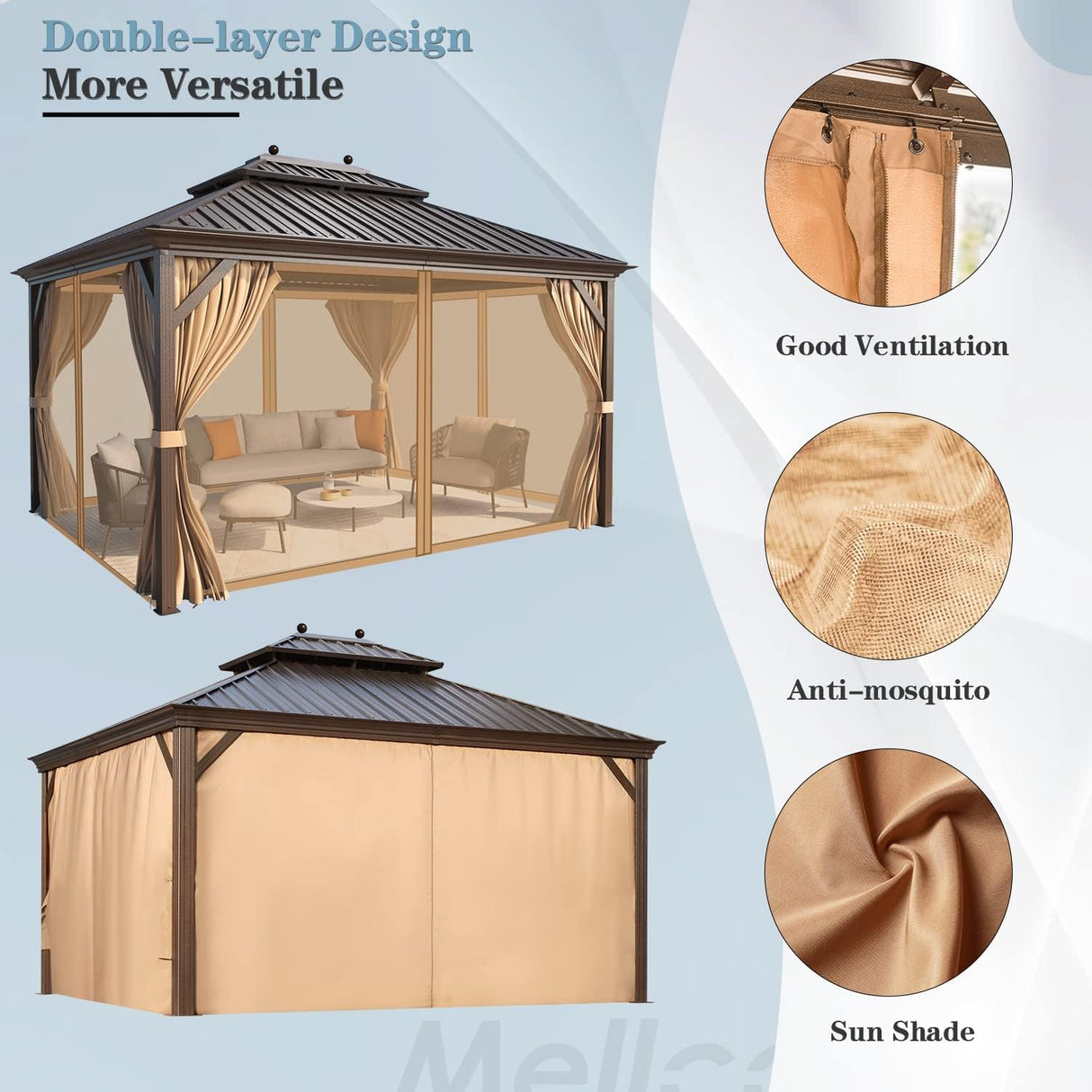 MELLCOM 12' x 14' Hardtop Gazebo, Brown Permanent Pavilion Gazebo with Curtains and Netting, Galvanized Steel Metal Double Roof Aluminum Gazebo with Aluminum Frame for Patio, Lawn & Garden MELLCOM