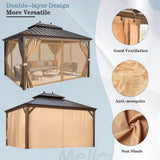 MELLCOM 12' x 14' Hardtop Gazebo, Brown Permanent Pavilion Gazebo with Curtains and Netting, Galvanized Steel Metal Double Roof Aluminum Gazebo with Aluminum Frame for Patio, Lawn & Garden MELLCOM