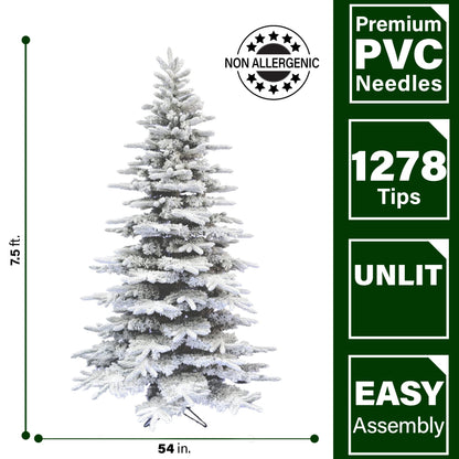 Fraser Hill Farm 7.5-Ft. Mountain Pine Flocked Artificial Christmas Tree with Stand, Unlit Foldable Fake Tree with Realistic Snowy Foliage for Home Decoration