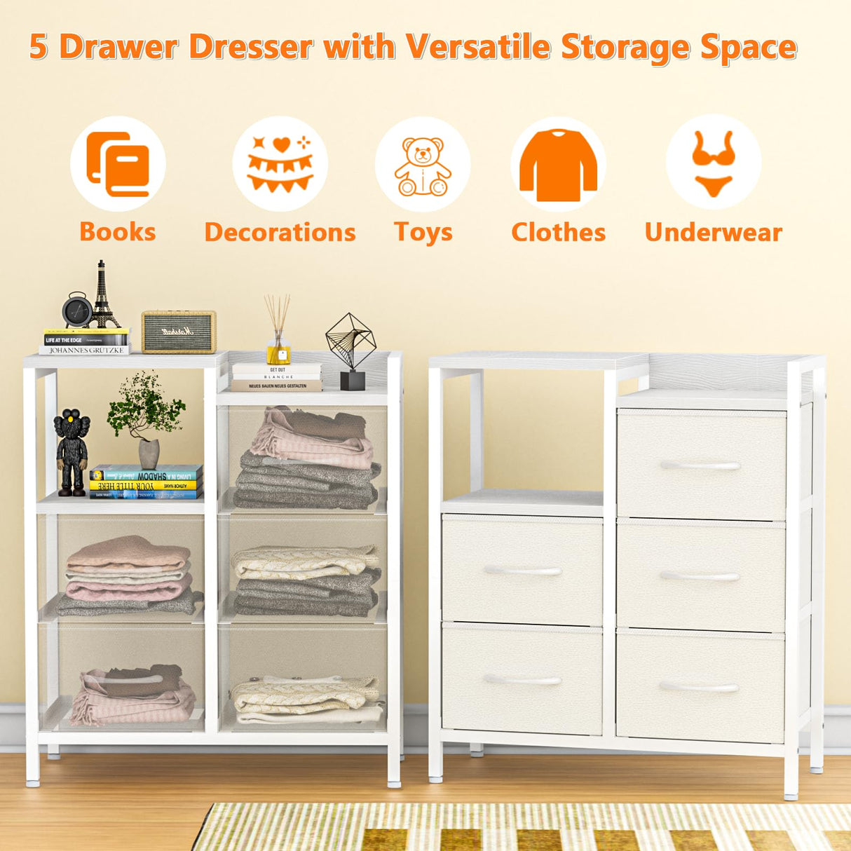 Furnulem 5 Drawer White Dressers for Bedroom Tall 2 Tier Shelf Storage Small Fabric Dresser for Closet Sturdy Metal Frame Modern Dresser Bedroom Dresser with Drawers for Hallway Rooms Furnulem
