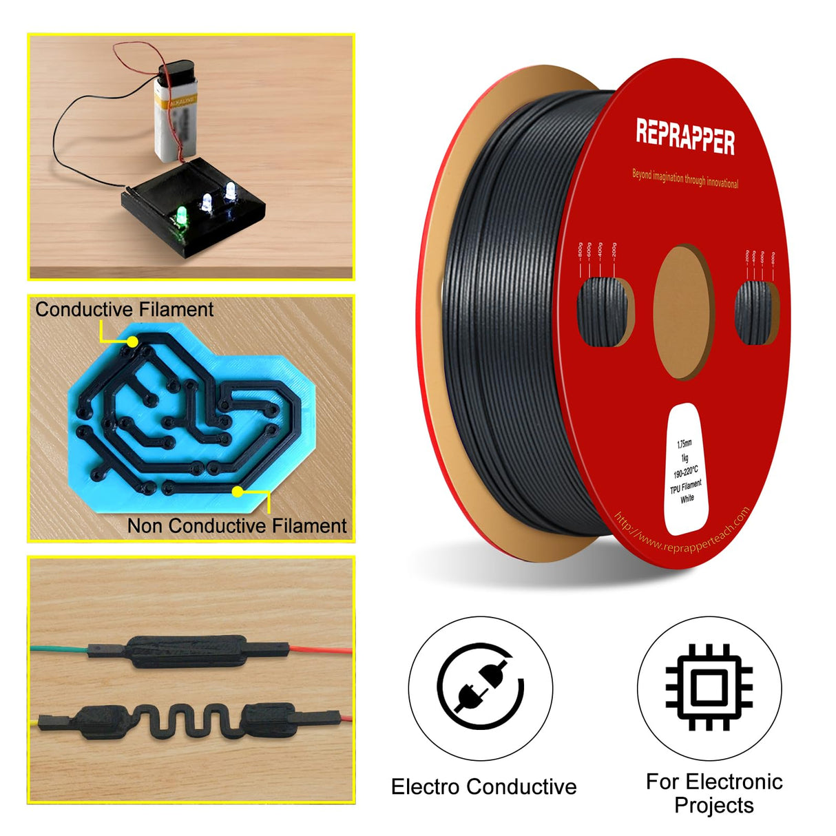 Reprapper Conductive TPU Filament 1.75mm (± 0.03mm) 2.2lb (1kg) for 3D Printer, Electro-Conductive Flexible Filament, Black RepRapper