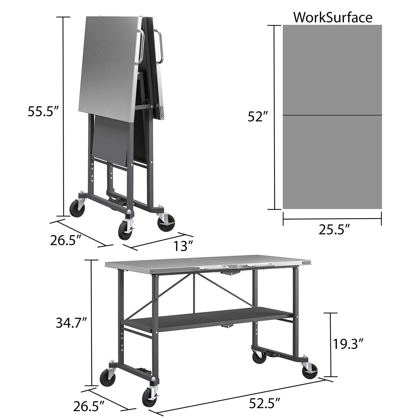 COSCO SmartFold Portable Workbench/Folding Utility Table with Locking Casters, 600 lb. Capacity, Stainless Steel Top