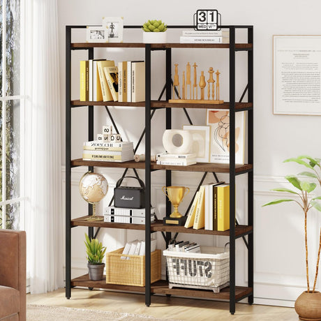 BON AUGURE Industrial Bookshelf, Bookcases and Bookshelves Etagere, Tall Large Farmhouse Book Shelves, 5 Tier Open Bookcase, Wood Metal Shelving Unit for Bedroom, Office (Rustic Oak) BON AUGURE