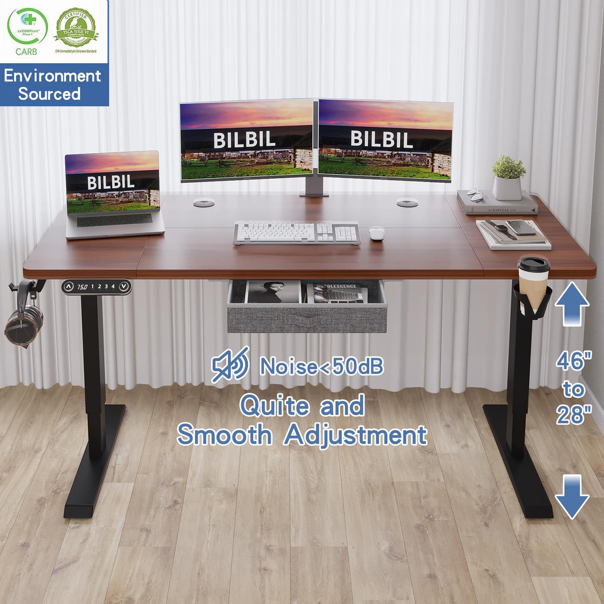 bilbil 63x30 Inches Electric Standing Desk with Drawer, Height Adjustable Sit Stand Up Desk with 4 Splice Boards, Home Office Desk Computer bilbil