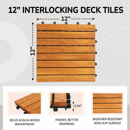 10 Pcs Interlocking Deck Tiles 12"x12", Waterproof Patio Floor Tiles, Easy Snap All Weather Acacia Wood Tiles, Balcony Flooring, Backyard Flooring, Indoor Outdoor Solid Wood Tiles (Natural)