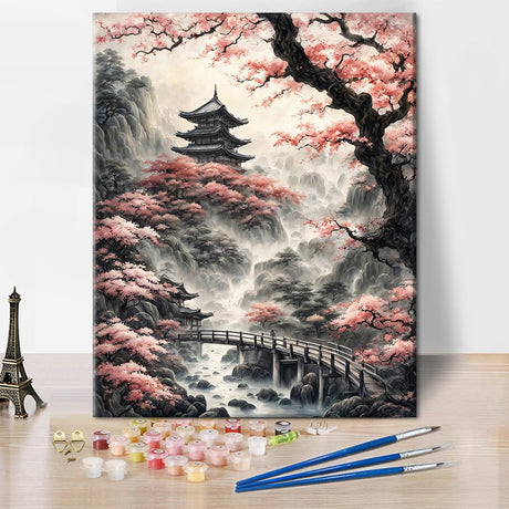 TUMOVO Japanese Temple Paint by Number Kits for Adults Beginners,Tree Adults Paint by Numbers Kits,DIY Pink Cherry Blossom Paint by Numbers Kits on Canvas for Home Wall Decor 16x20inch Frameless TUMOVO