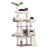 Hebly Wood Cat Tree for Indoor Cats, Cat Condo for Large Cats with Self Groomer,Modern Cat Scratching Tower with Basket,Hammock,Dangling Ball and Leaves,Rustic Gray HCT120SG Heybly