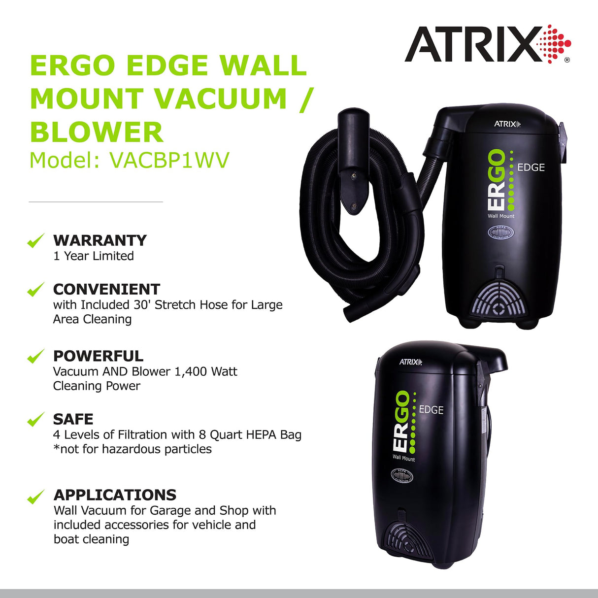 Atrix Ergo Edge Canister Shop Vac - Wall Mounted Garage Vacuum Cleaner with Built-in Dust Bag & Extendable Hose - Compact Black Design 20x9x12 Atrix