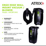 Atrix Ergo Edge Canister Shop Vac - Wall Mounted Garage Vacuum Cleaner with Built-in Dust Bag & Extendable Hose - Compact Black Design 20x9x12 Atrix