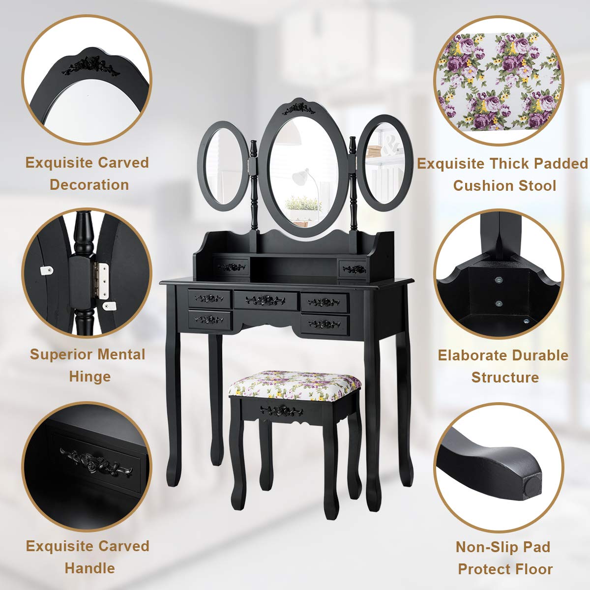 CHARMAID Vanity Set with Tri-Folding Mirror and Cushioned Stool, Dressing Table with 7 Drawers and a Shelf, Makeup Table Writing Desk with Removable Top, Makeup Vanity Set for Women Girls (Black)