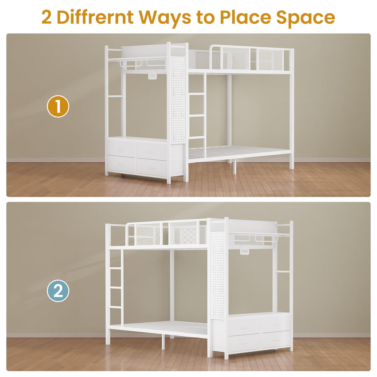 Itaar Metal Bunk Bed Twin Over Twin with Hall Tree, Power Outlet, LED Bunk Bed with 4 Storage Drawers, Bed with Safety Guardrail & Ladders, No Box Spring Needed, Easy Assembly, White Itaar