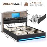 MSmask Queen Bed Frame with Bookcase Headboard and Sliding Doors, Upholstered LED Bed Frame Queen Size with Charging Station, 4 Storage Drawers, No Box Spring Needed, Black & Grey MSmask