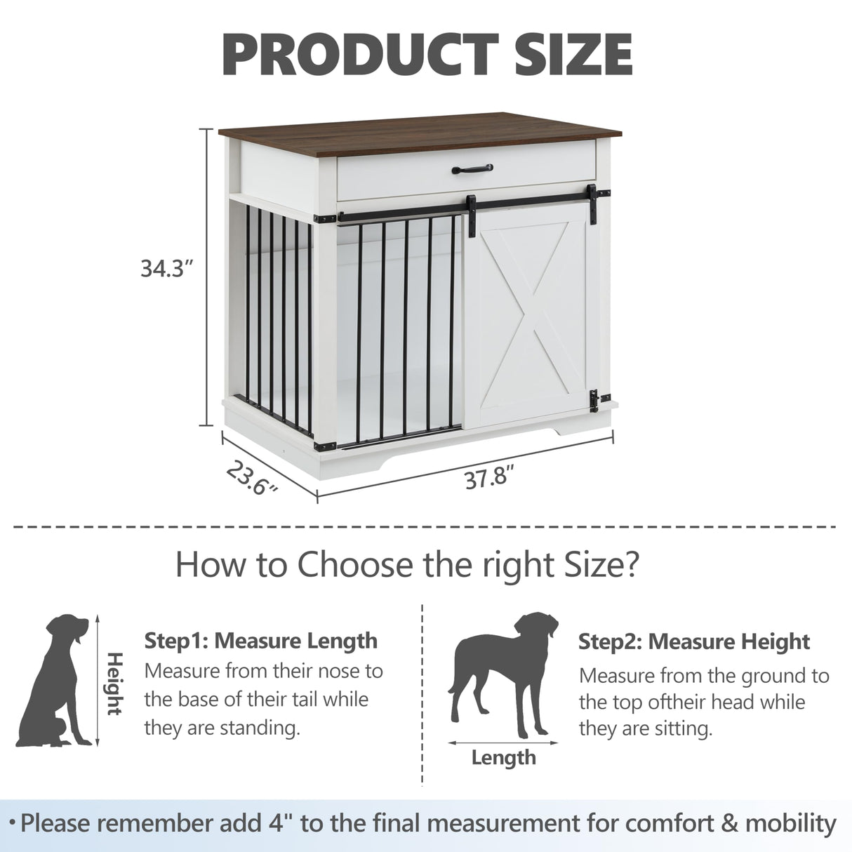 KACVON 37.8" Dog Crate Furniture - Indoor Wooden Dog Kennel Furniture with Sliding Barn Door and Storage Drawer, White KACVON