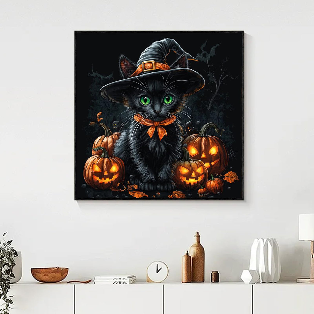 Yezavesu Halloween Diamond Art Kits for Adults, Black Cat Diamond Painting Kit for Beginners, Pumpkin 5D DIY Round Full Drill Painting with Gem Art Craft Kits for Home Wall Decor 14x14 Inch Yezavesu
