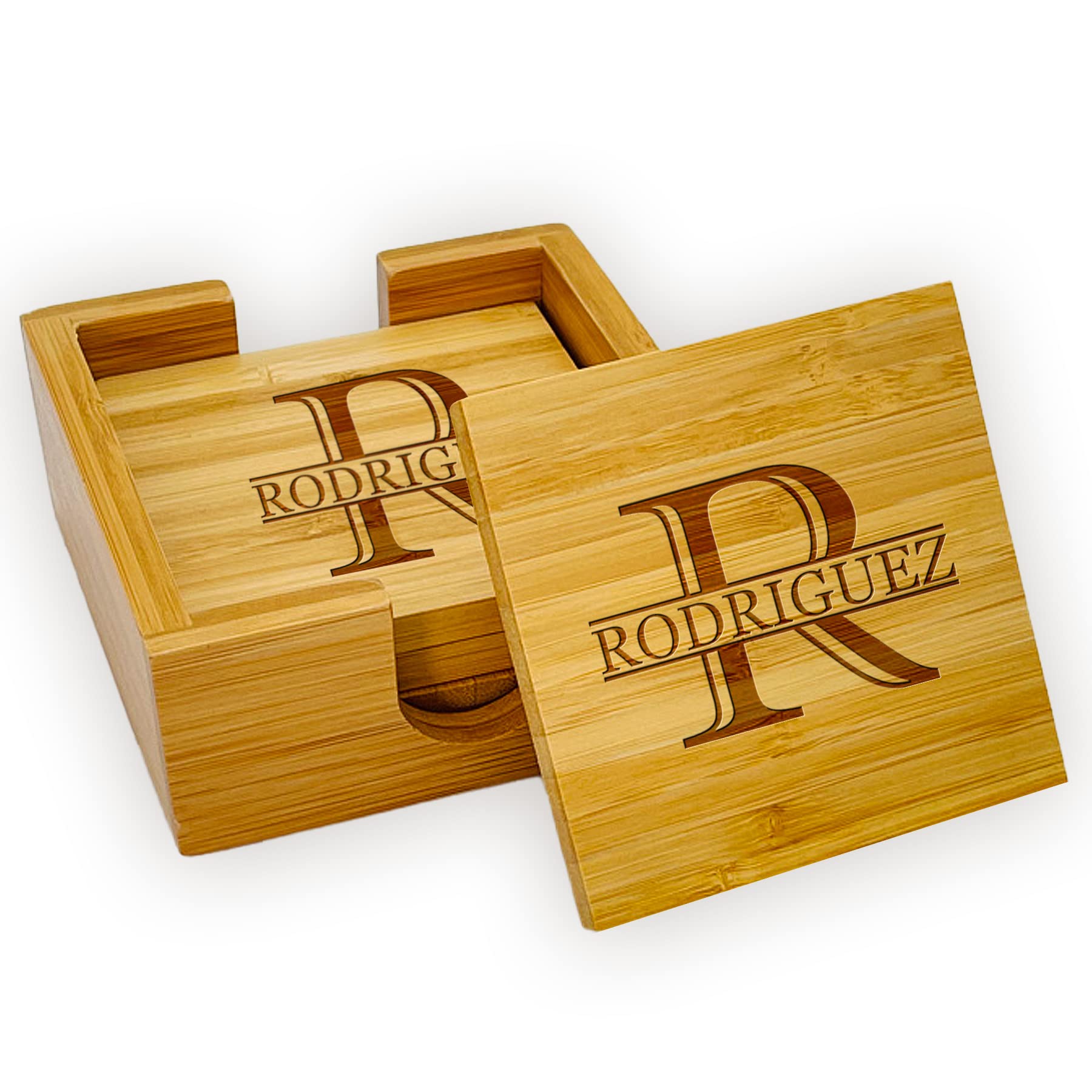 Customized Bamboo Square Coaster Set of 4 with Holder, Engraved Drink Custom Coasters – Wedding, Birthday, Anniversary, Dad, Mother, Corporate Gift - WoodArtSupply