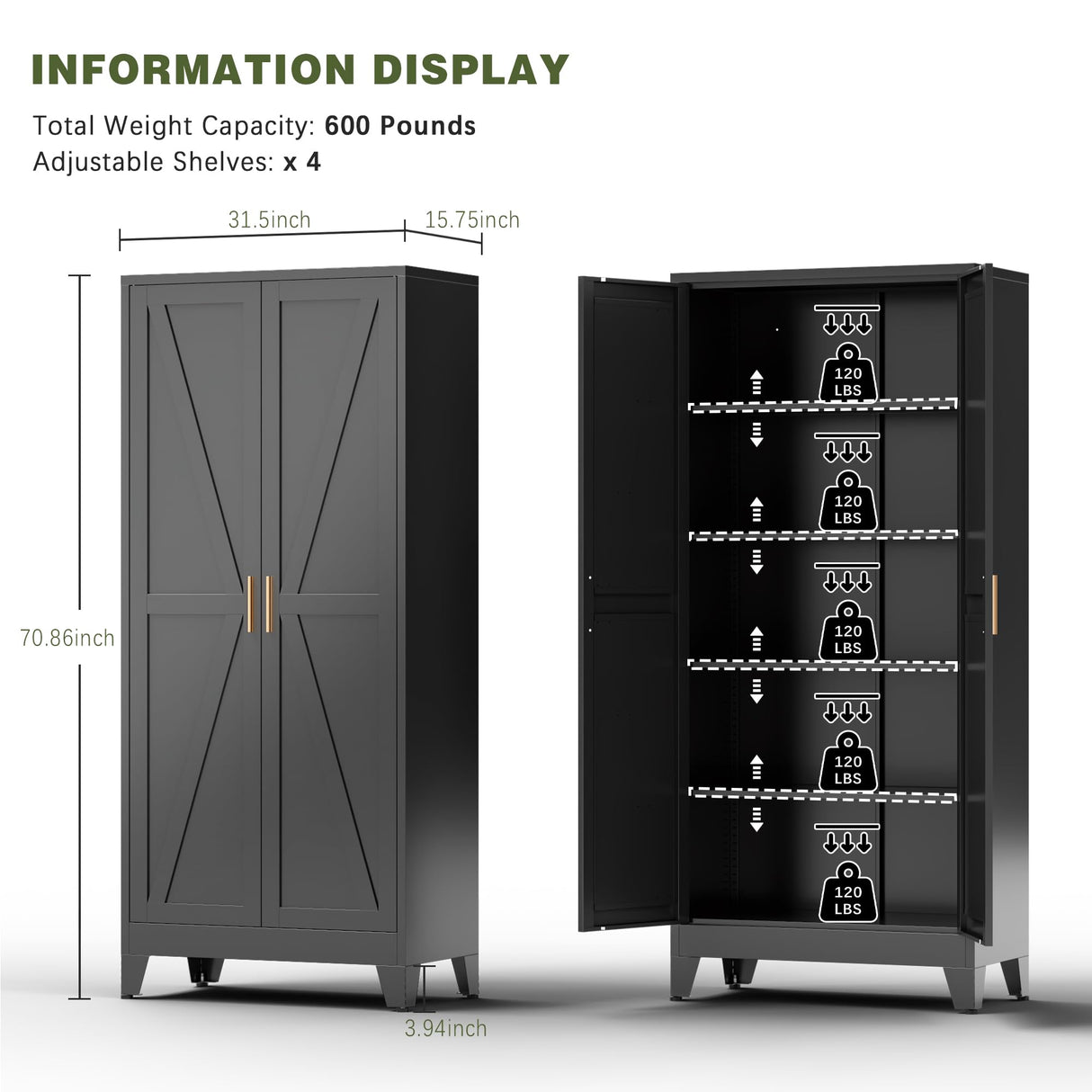 COFaR Black Farmhouse Storage Kitchen Pantry Cabinet with 2 Barn Door, 4 Adjustable Shelves and Legs, for Cupboard/Dining Room/Bathroom/Living Room/Office/Laundry Room (Black, 71" Farmhouse) COFaR