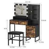 Makeup Vanity with Lights in 3 Colors, Vanity Table with Charging Station of 2 USB Ports and Outlets, Vanity Desk with Large Mirror, Drawers and Shelves, Rustic Brown and Black Knowfunn