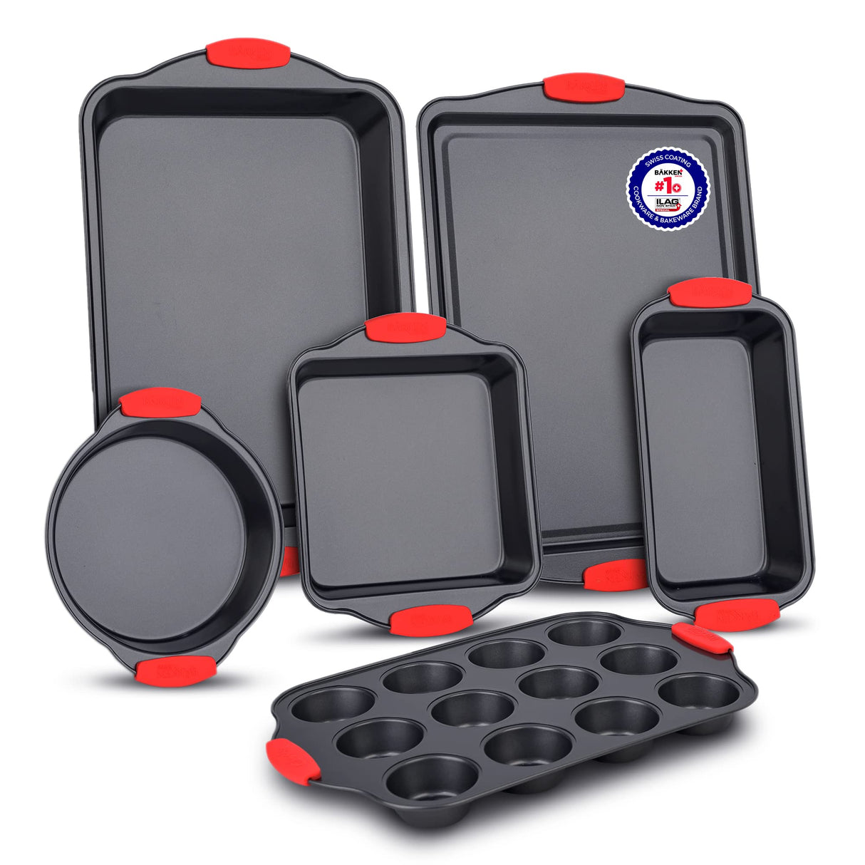 BAKKENMASTER Baking Set – 6 Piece Kitchen Oven Bakeware Set – Deluxe Non-Stick Black Coating Inside and Outside – Carbon Steel – Red Silicone Handles – PFOA PFOS and PTFE Free by Bakken Bakken- Swiss
