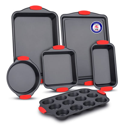 BAKKENMASTER Baking Set – 6 Piece Kitchen Oven Bakeware Set – Deluxe Non-Stick Black Coating Inside and Outside – Carbon Steel – Red Silicone Handles – PFOA PFOS and PTFE Free by Bakken