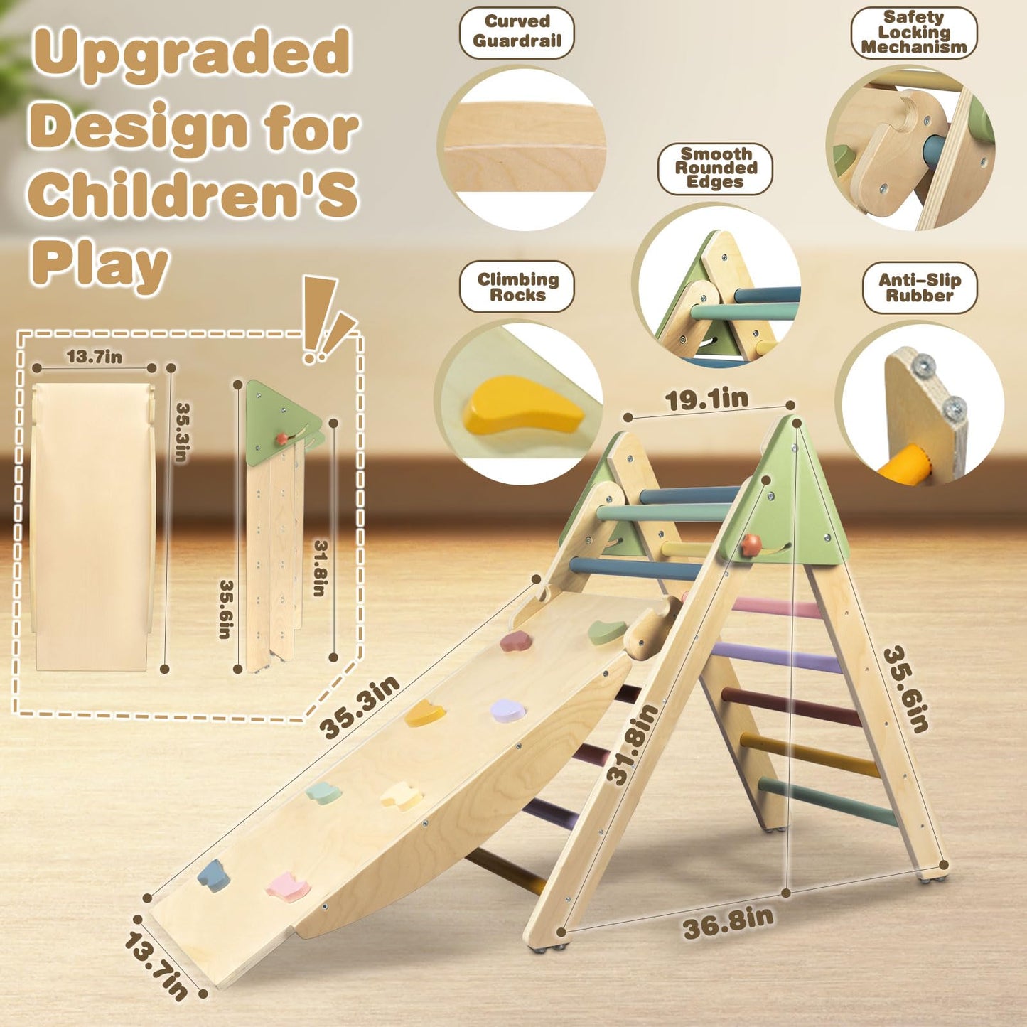 LOL-FUN 4 in 1 Pikler Triangle Set Climber with Ramp & Slide, Large Size Wooden Foldable Toddler Climbing Toys Indoor, Montessori Climbing Toys for Toddlers 1-3 Inside