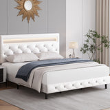 Keyluv Modern Upholstered Queen Bed Frame with LED Lights, Faux Leather Low Profile Platform Bed Frame, Adjustable Crystal Button Tufted Headboard, Strong Wood Slat Support, Easy Assembly, White Keyluv