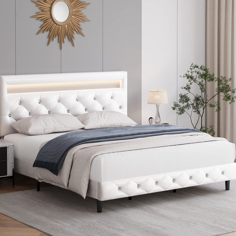 Keyluv Modern Upholstered Queen Bed Frame with LED Lights, Faux Leather Low Profile Platform Bed Frame, Adjustable Crystal Button Tufted Headboard, Strong Wood Slat Support, Easy Assembly, White Keyluv