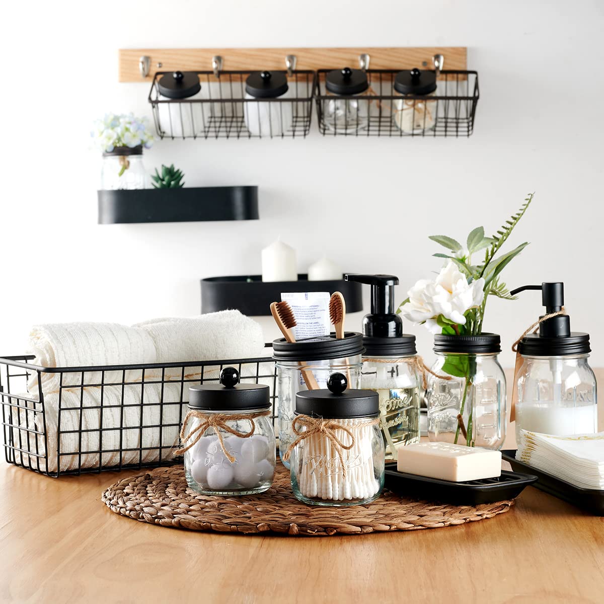 SheeChung 6Pcs Mason Jars Bathroom Accessories Set Complete - Toothbrush Holder, Lotion Soap Dispenser, 2 Mason Jars, Soap Dish, Toilet Paper Basket, Rustic Farmhouse Decor (Black, 6Pcs Bathroom Set) SheeChung