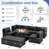 RADIATA 9 Piece Wicker Patio Furniture Set with Fire Pit, All-Weather Outdoor Sectional Couch High Back Large Size, Modular Backyard Seating Sofa Set with Propane/Natural Gas Firepit Table, Grey&Black RADIATA