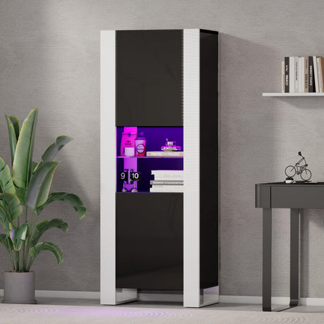 AMERLIFE Modern LED Bookcase, 68in Storage Cabinet with 6 Tiers for Storage & 3 Adjustable Shelves, High Glossy Display Case for Living Room, Home Office, Study Room, Black AMERLIFE